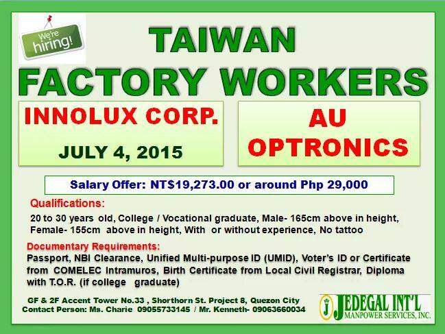 Job vacancies in taichung taiwan