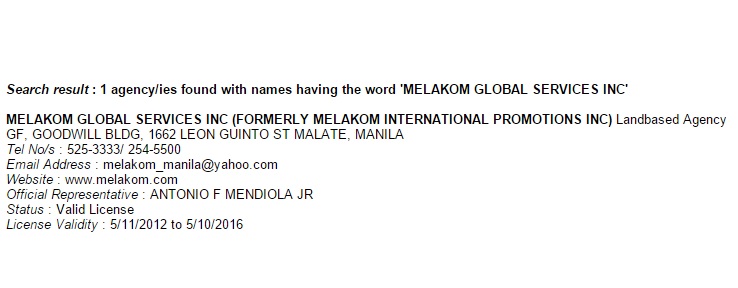 Melakom Global Services Inc agency status
